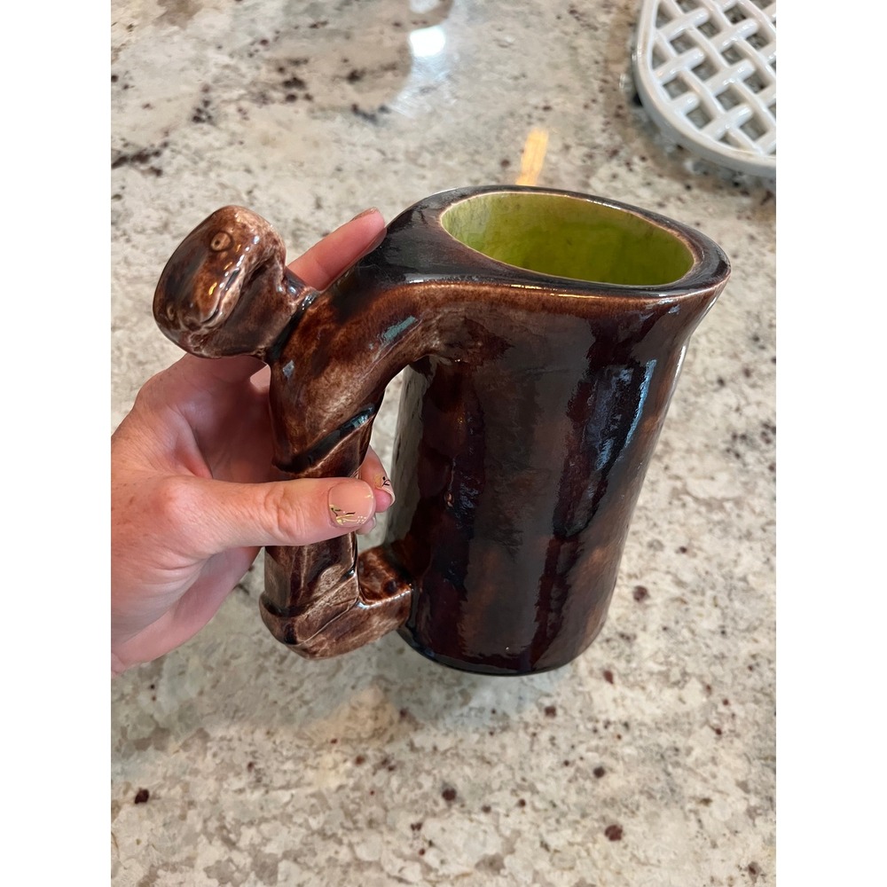 Vintage Studio Pottery Snake Handle Mug Brown Drip Glaze Green Interior Ceramic